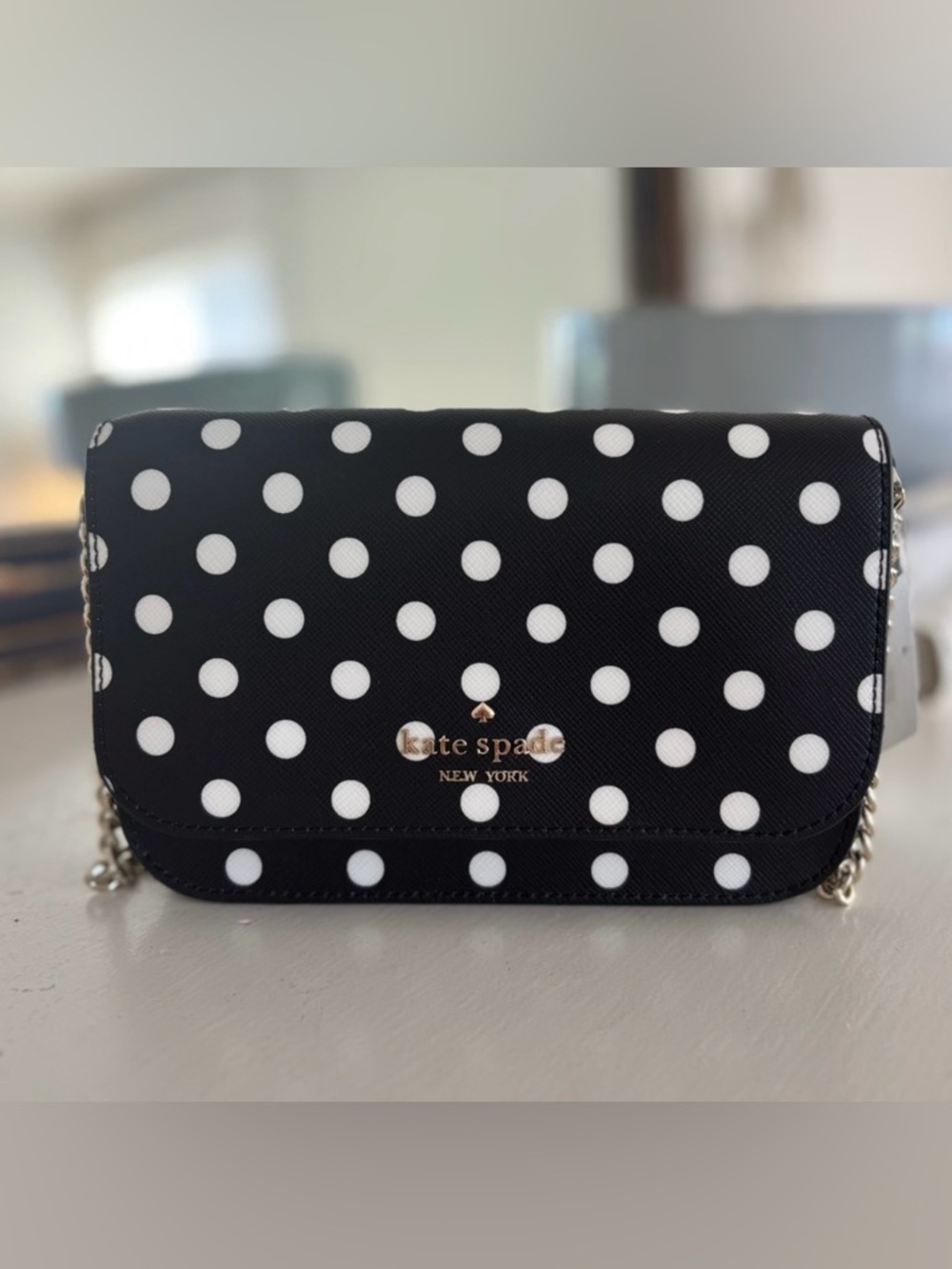 KATE SPADE Cheers Crossbody Bag - Black and White Polka Dot Leather Purse